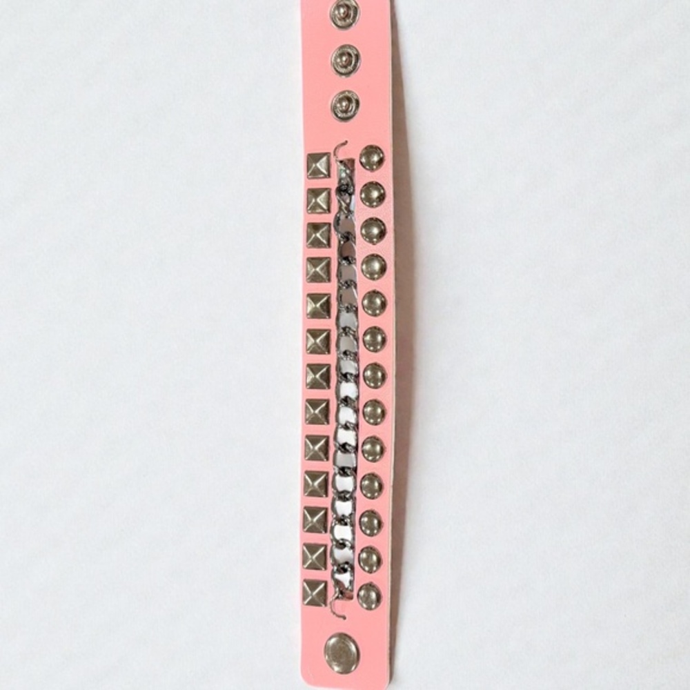 Punk Studded Faux Leather Wristband Gothic Rock Pink Bracelet Double-Row Spikes